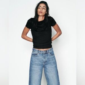 Zara SHORT SLEEVE RIB TOP BLACK SIZE MEDIUM NWT